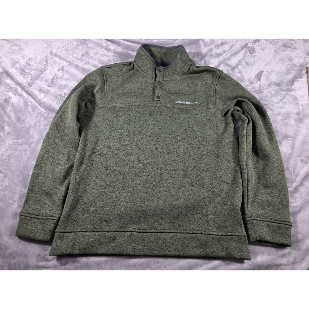 Eddie Bauer Sweater‎ Medium Green Heather Fleece 1/4 Snap Radiator Mock Pullover